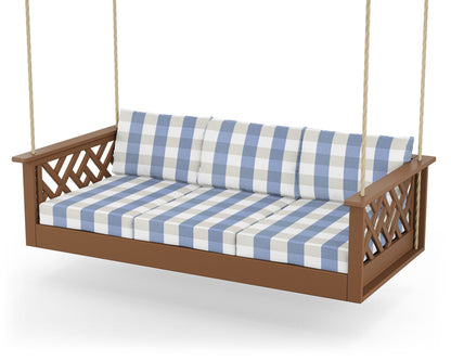 POLYWOOD® Chippendale Daybed Swing in Teak / Buffalo Plaid Sky Blue
