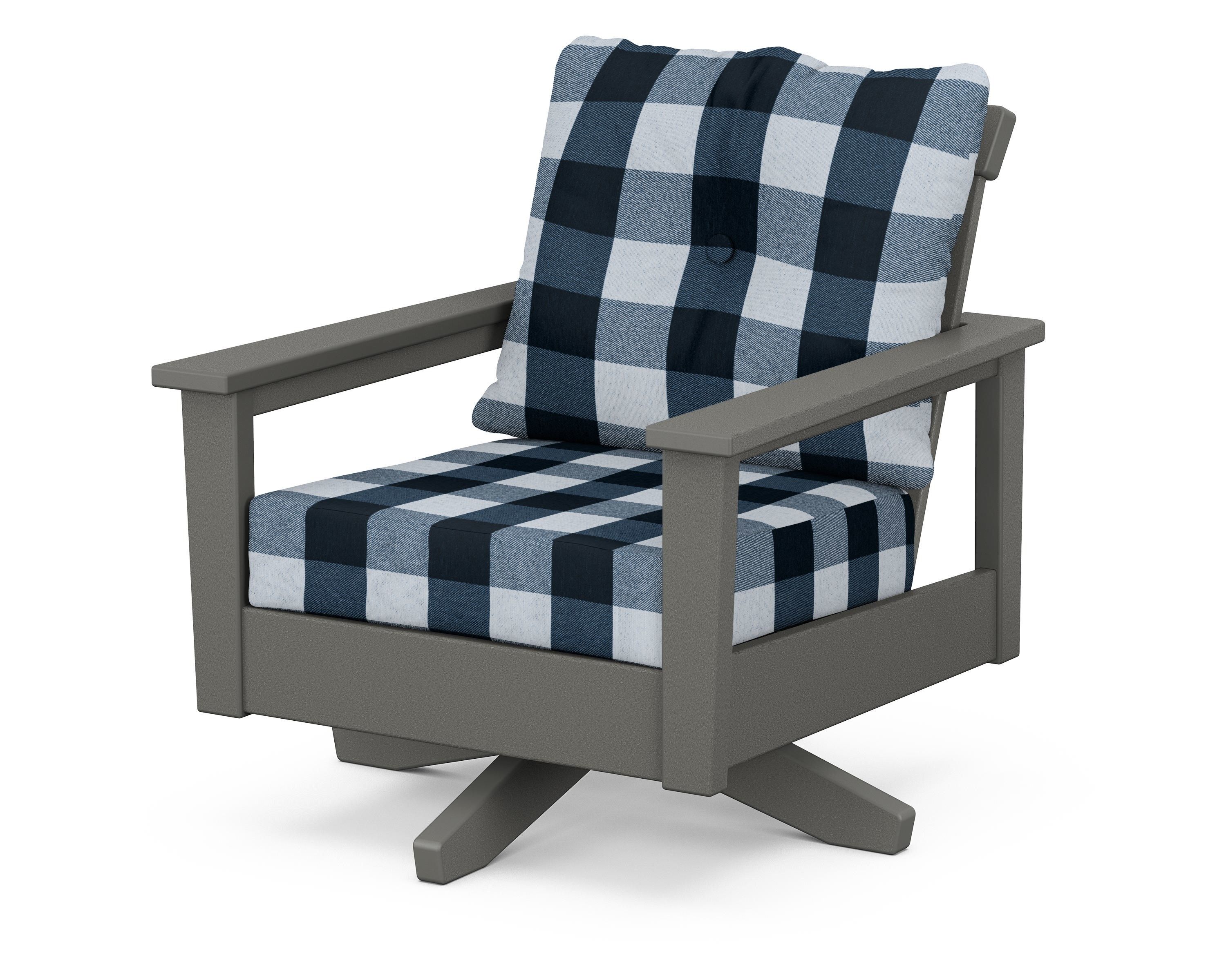 POLYWOOD® Prescott Deep Seating Swivel Chair in Slate Grey / Buffalo Plaid Marine Indigo