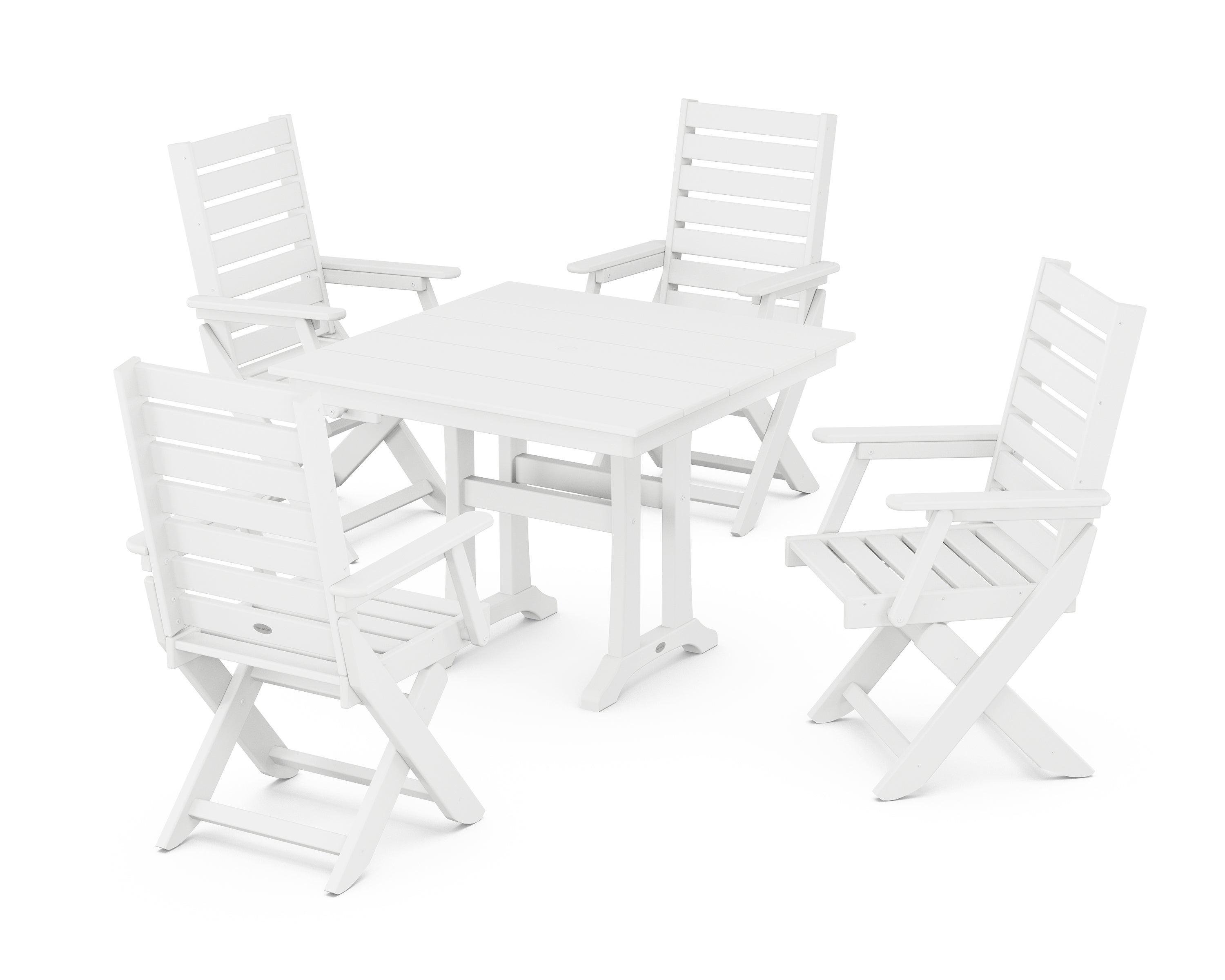 POLYWOOD® Captain Folding Chair 5-Piece Farmhouse Dining Set With Trestle Legs in White