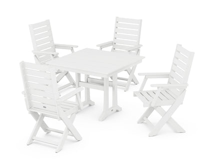 POLYWOOD® Captain Folding Chair 5-Piece Farmhouse Dining Set With Trestle Legs in White