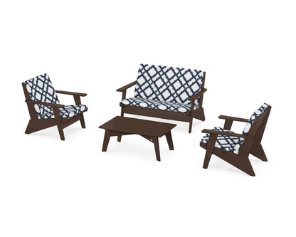 POLYWOOD® Riviera Modern Lounge 4-Piece Set in Mahogany / Trellis Marine Indigo