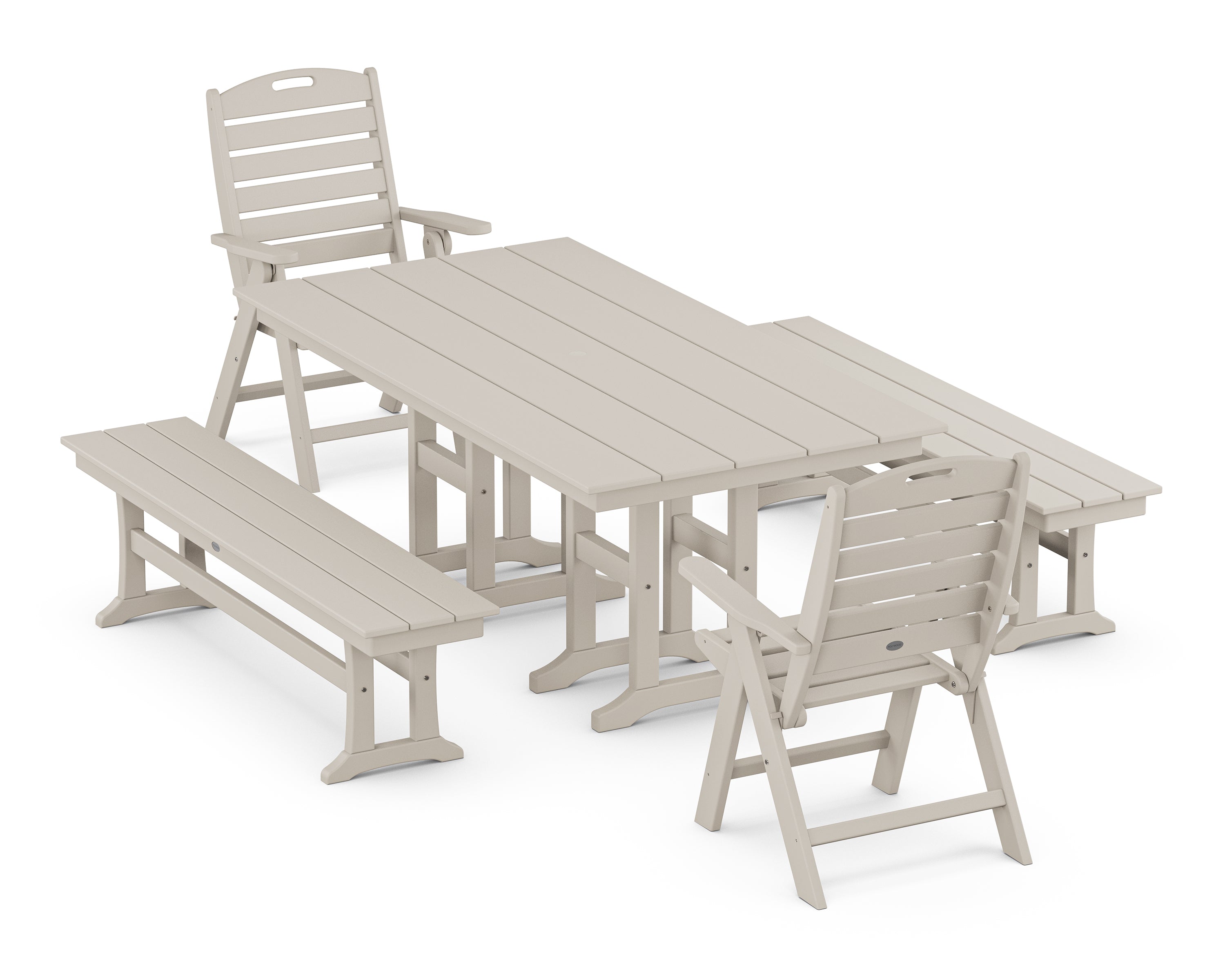 POLYWOOD® Nautical Highback 5-Piece Farmhouse Dining Set with Benches in Sand