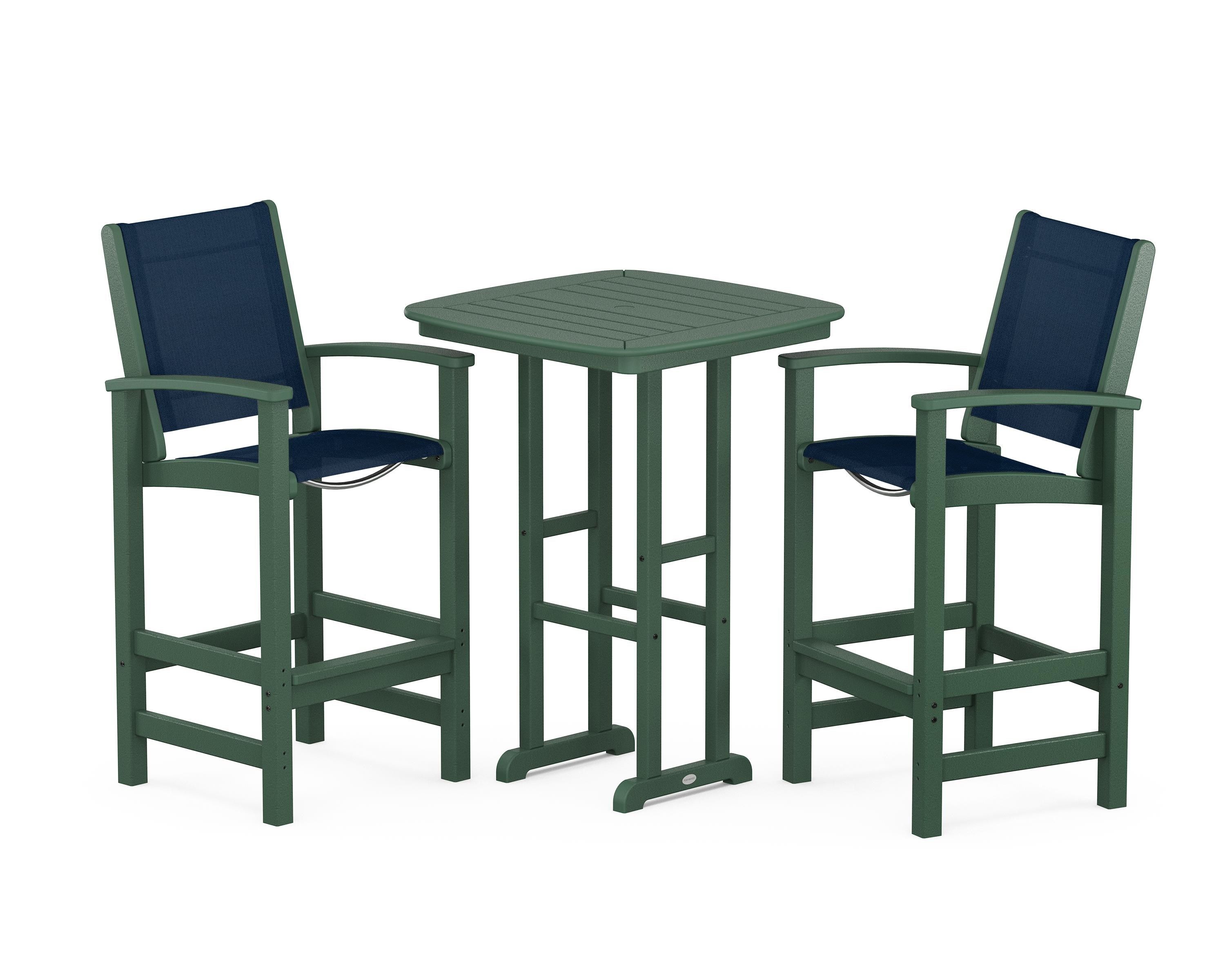 POLYWOOD® Coastal 3-Piece Bar Set in Green / Navy Blue Sling