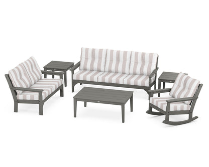 POLYWOOD® Vineyard 6-Piece Deep Seating Set in Slate Grey / Cabana Stripe Dune Burlap