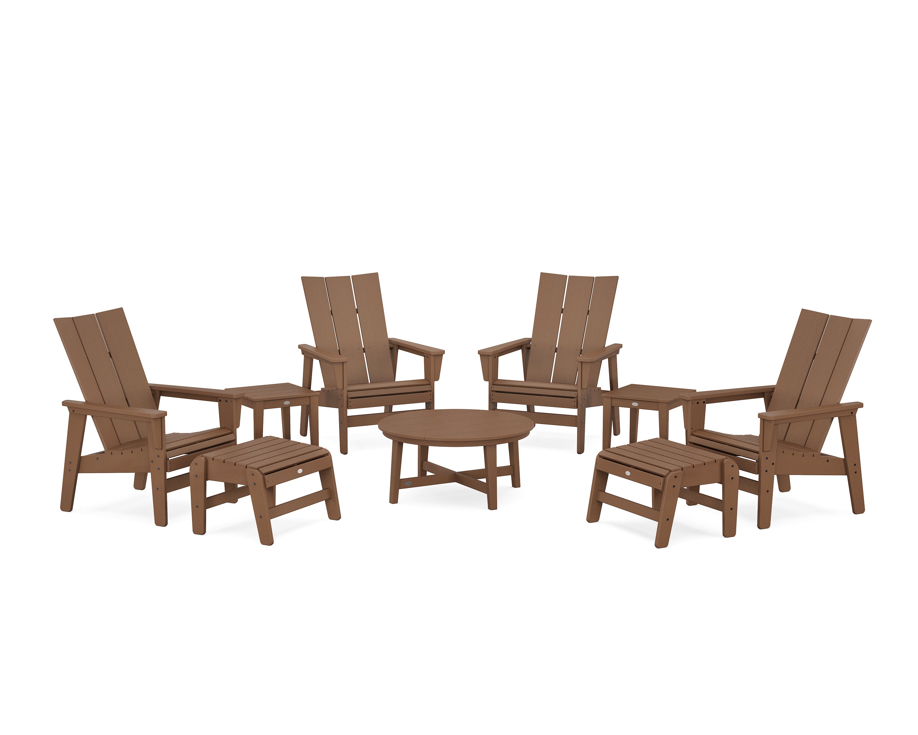 POLYWOOD® Modern Grand Upright Adirondack 9-Piece Conversation Set in Teak
