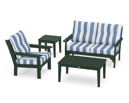 POLYWOOD® Vineyard 4-Piece Deep Seating Set in Green / Cabana Stripe Sky Blue