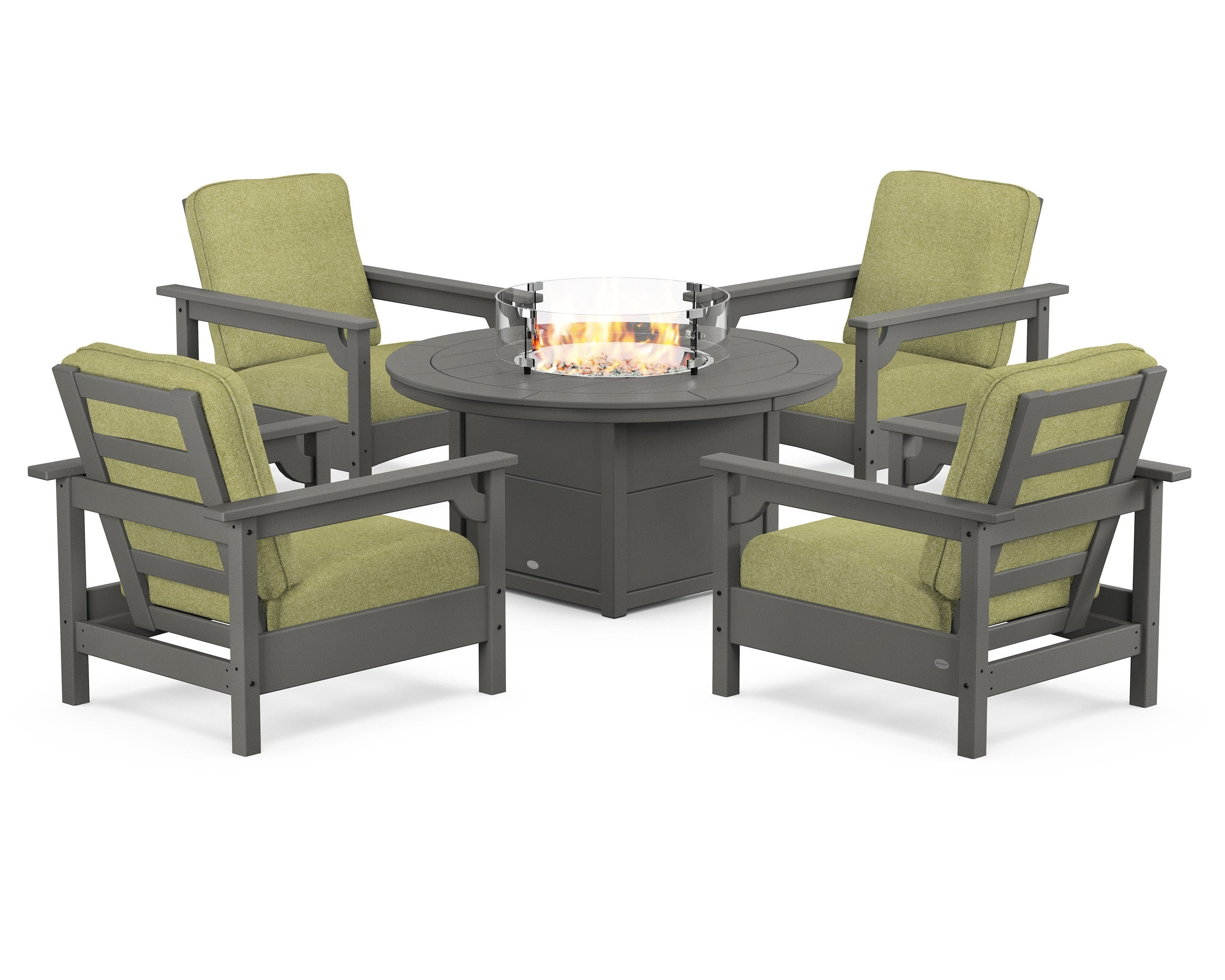 POLYWOOD® Club 5-Piece Conversation Set with Fire Pit Table in Slate Grey / Chartreuse Boucle