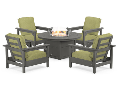 POLYWOOD® Club 5-Piece Conversation Set with Fire Pit Table in Slate Grey / Chartreuse Boucle