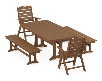 POLYWOOD® Nautical Folding Highback Chair 5-Piece Dining Set with Trestle Legs and Benches in Teak