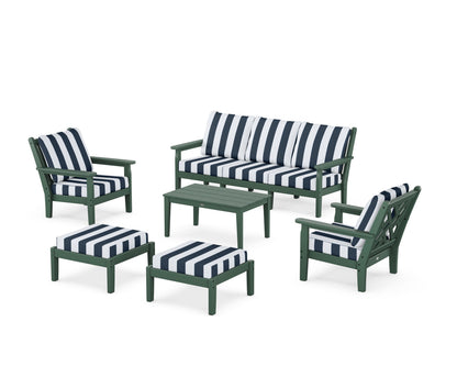 POLYWOOD® Chippendale 6-Piece Lounge Sofa Set in Green / Cabana Stripe Marine Indigo