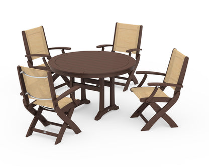 POLYWOOD® Coastal Folding Chair 5-Piece Round Dining Set with Trestle Legs in Mahogany / Dupioni Apricot Sling