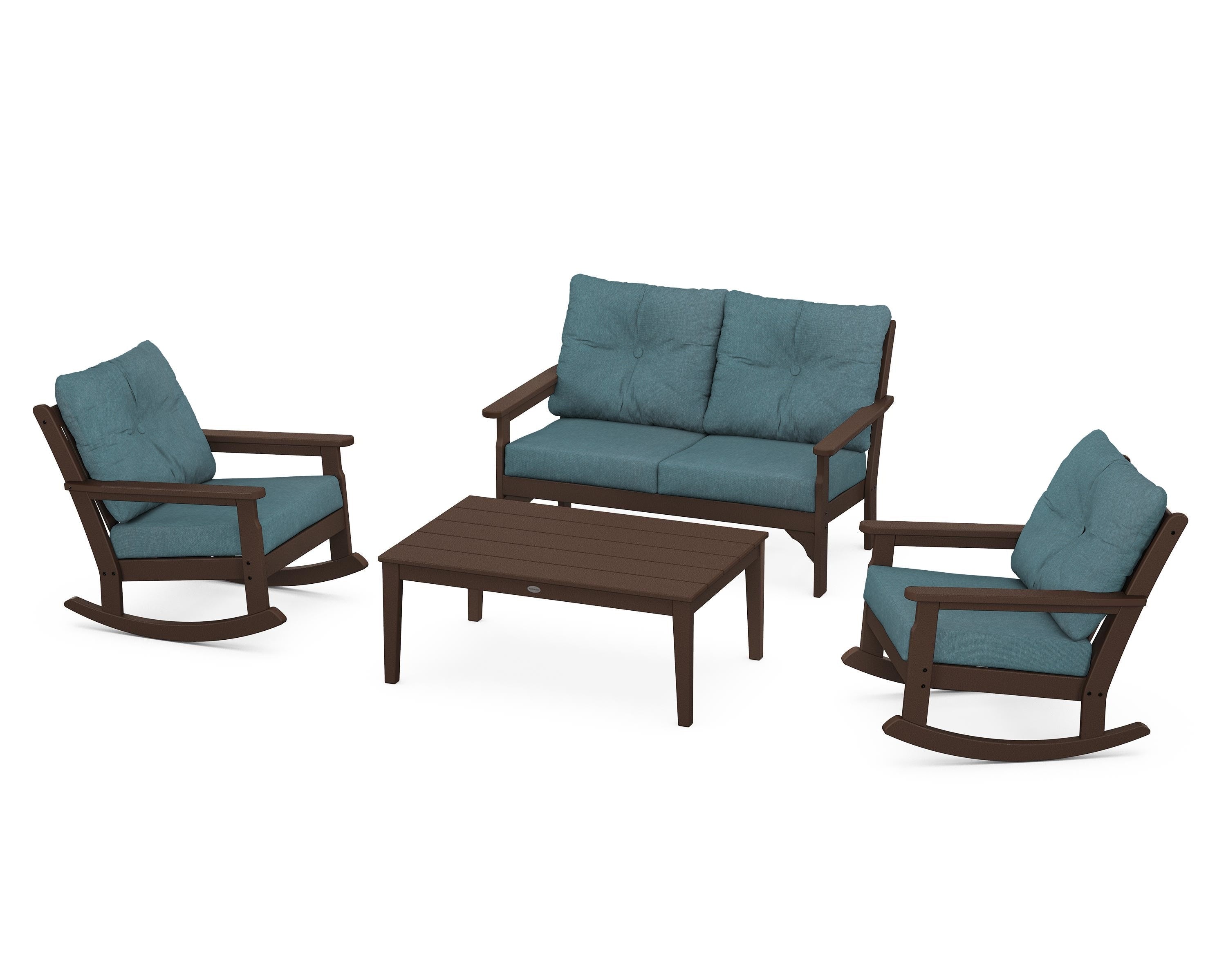 POLYWOOD® Vineyard 4-Piece Deep Seating Rocking Chair Set in Mahogany / Ocean Teal