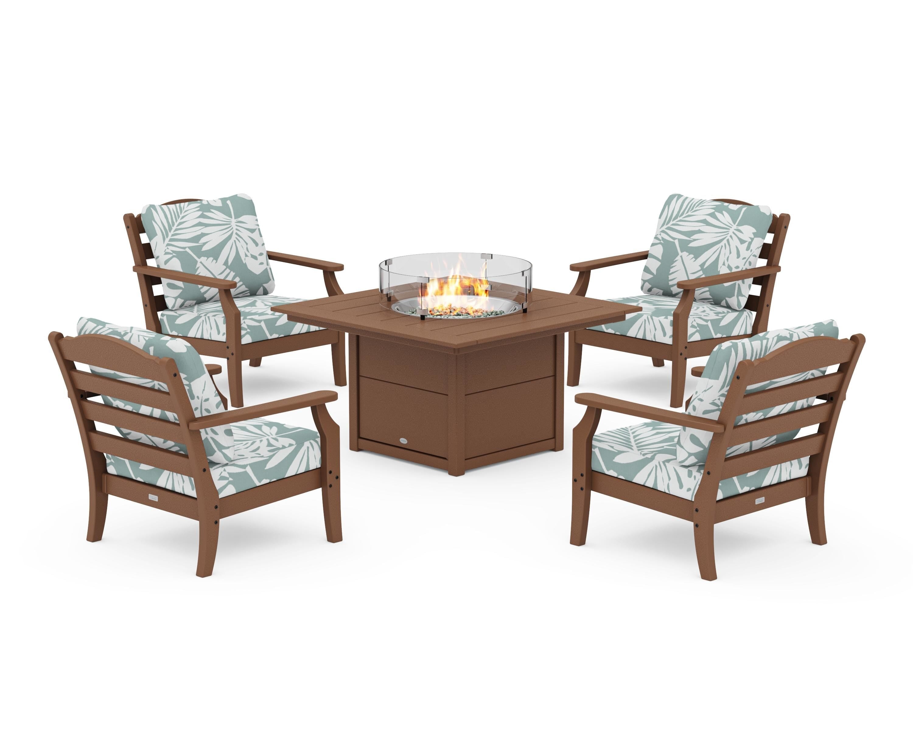 Draper James™ by  POLYWOOD® Savannah 5-Piece Deep Seating Set with Fire Pit Table in Teak / Leaf Glacier Spa