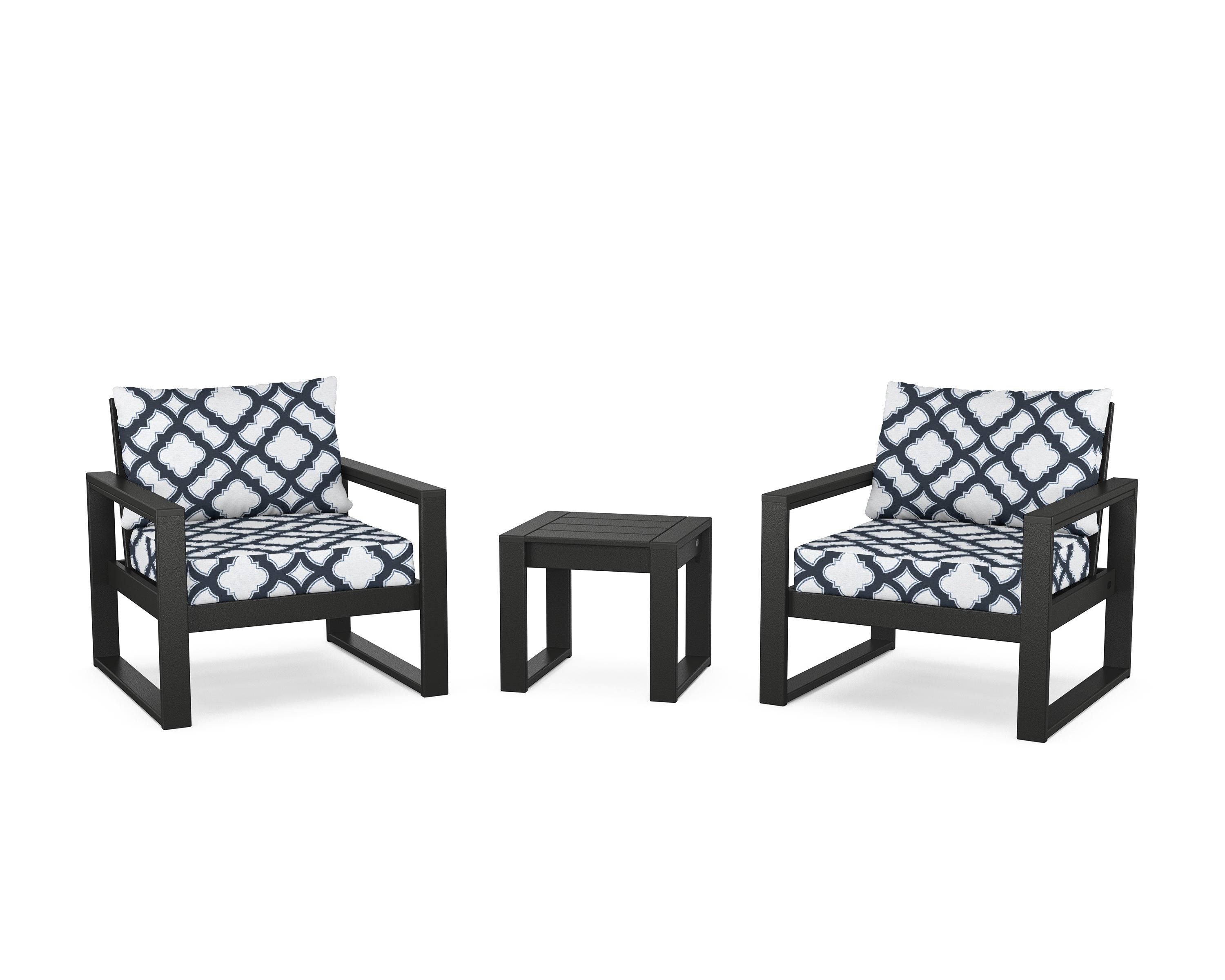 POLYWOOD® EDGE Sectional 3-Piece Deep Seating Set in Black / Trellis Marine Indigo