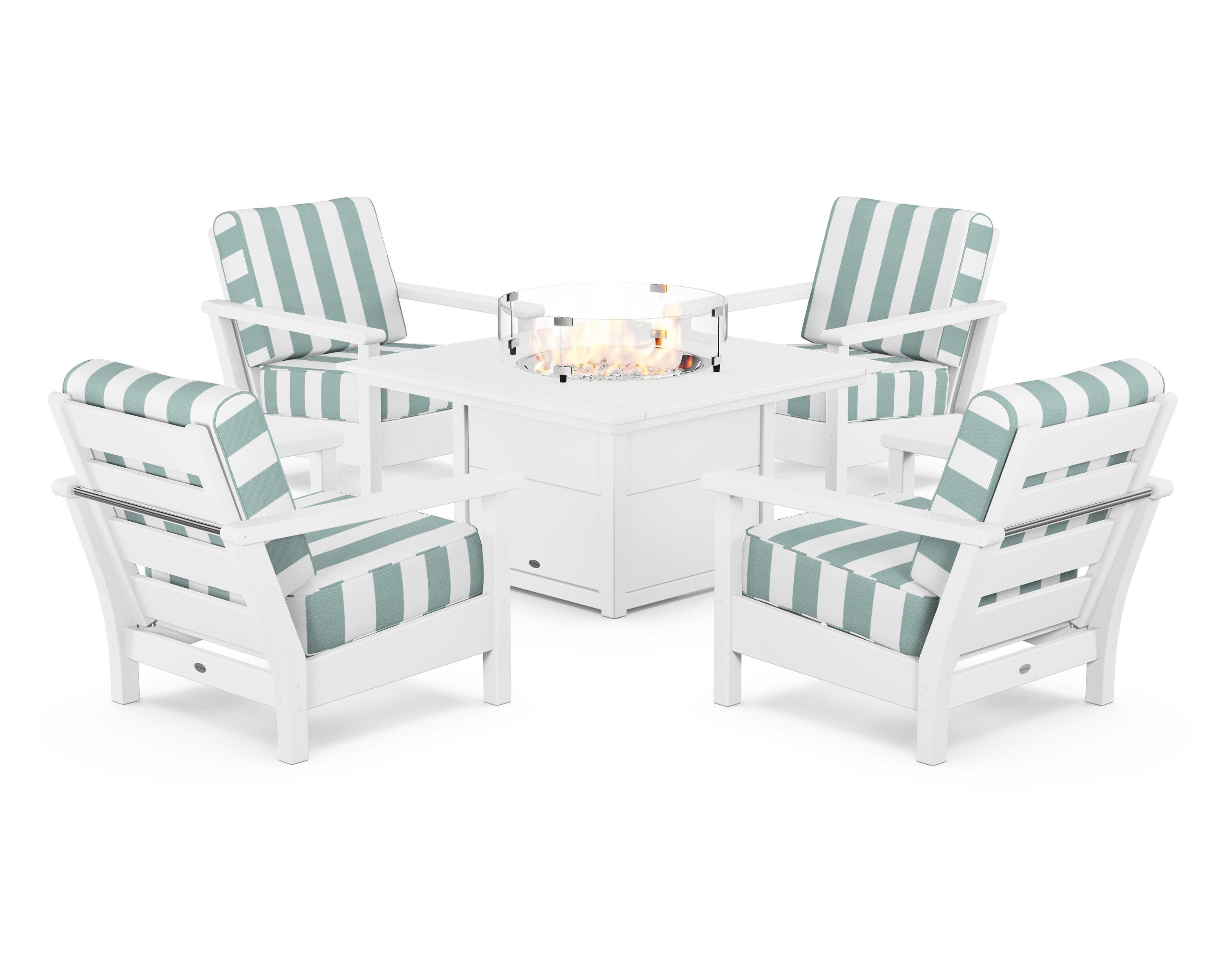 POLYWOOD® Harbour 5-Piece Conversation Set with Fire Pit Table in White / Cabana Stripe Glacier Spa