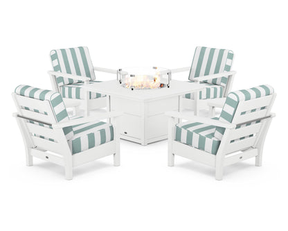 POLYWOOD® Harbour 5-Piece Conversation Set with Fire Pit Table in White / Cabana Stripe Glacier Spa