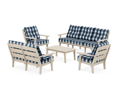POLYWOOD® Lakeside 5-Piece Lounge Sofa Set in Sand / Buffalo Plaid Marine Indigo