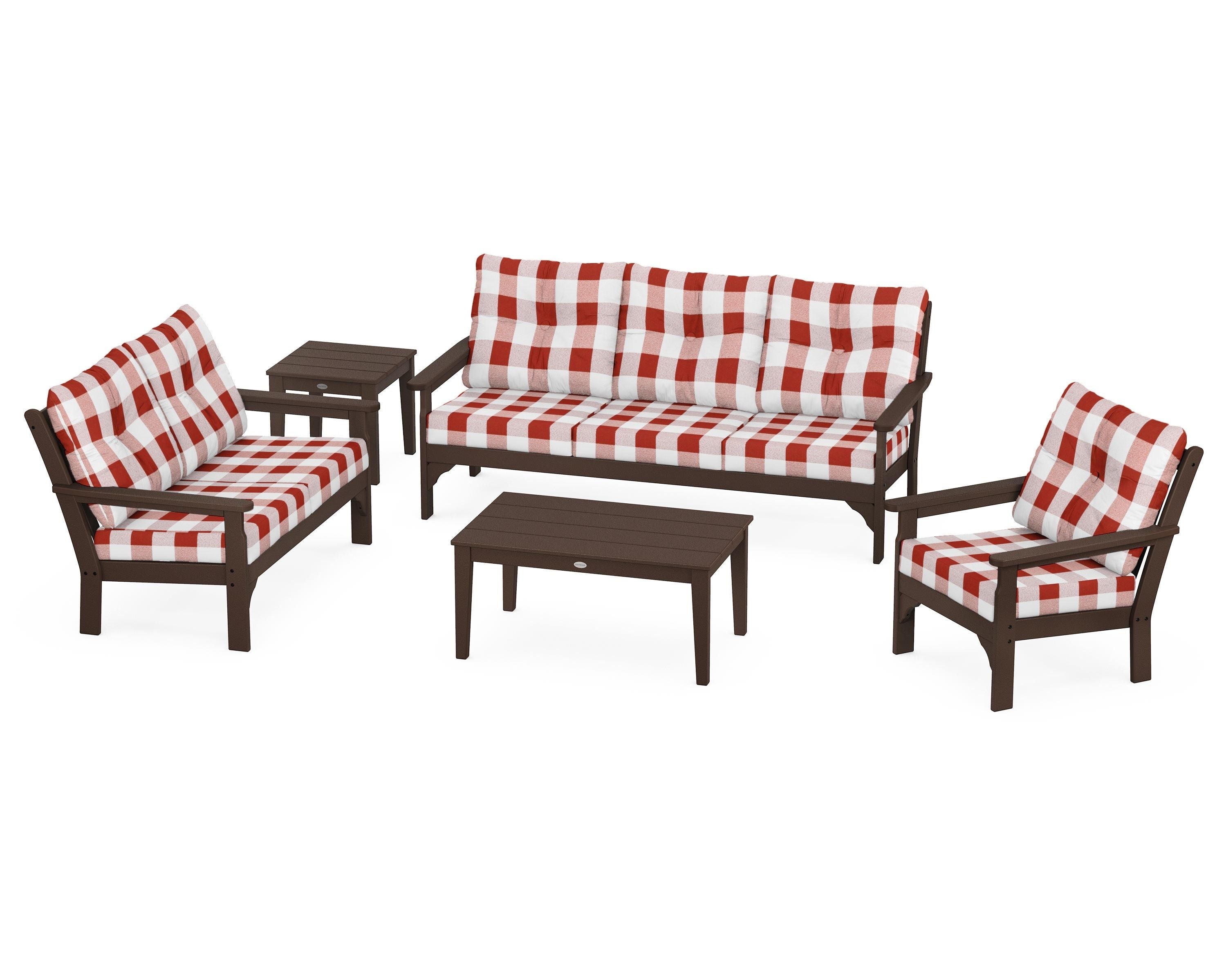 POLYWOOD® Vineyard 5 Piece Deep Seating Set in Mahogany / Buffalo Plaid Crimson
