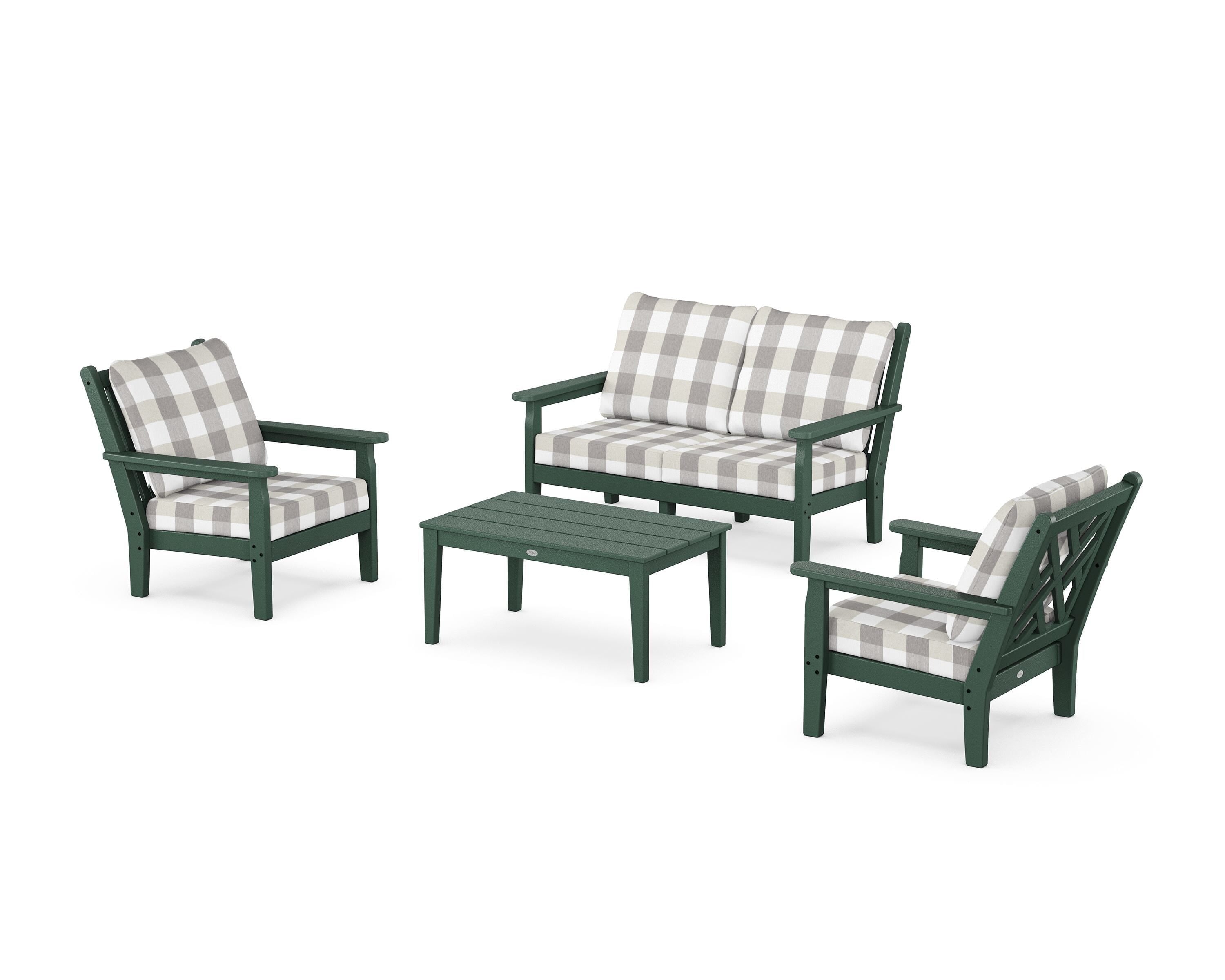 POLYWOOD® Chippendale 4-Piece Deep Seating Set with Loveseat in Green / Buffalo Plaid Grey Mist