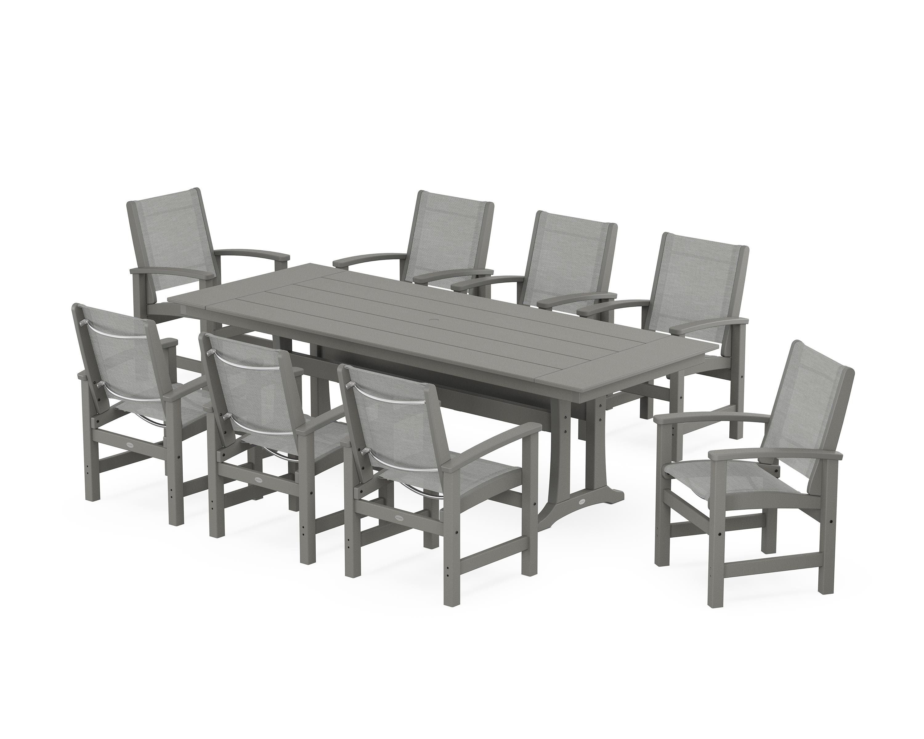 POLYWOOD® Coastal 9-Piece Farmhouse Dining Set with Trestle Legs in Slate Grey / Metallic Sling