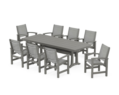 POLYWOOD® Coastal 9-Piece Farmhouse Dining Set with Trestle Legs in Slate Grey / Metallic Sling
