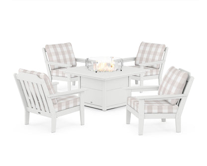 Country Living Cottage 5-Piece Deep Seating Set with Fire Pit Table in White / Buffalo Plaid Dune Burlap