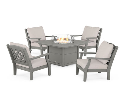 Martha Stewart by POLYWOOD® Chinoiserie 5-Piece Deep Seating Set with Fire Pit Table in Slate Grey / Dune Burlap