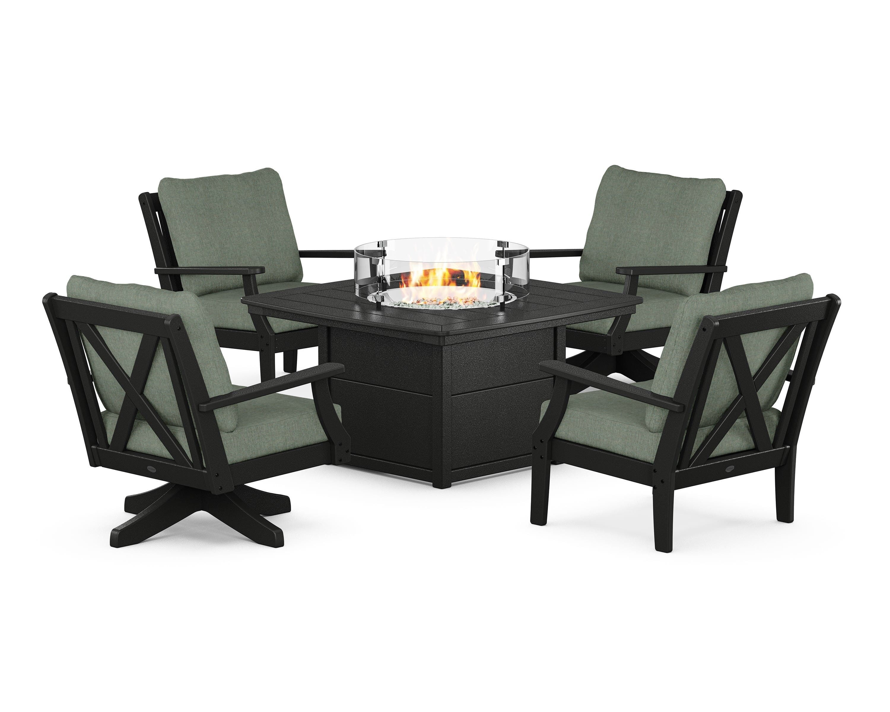POLYWOOD® Braxton 5-Piece Deep Seating Set with Fire Table in Black / Cast Sage