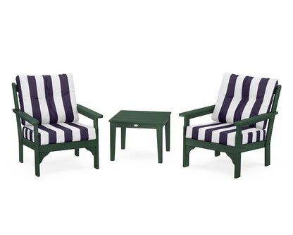 POLYWOOD® Vineyard 3-Piece Deep Seating Set in Green / Cabana Stripe Navy