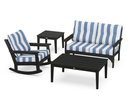 POLYWOOD® Vineyard 4-Piece Deep Seating Rocker Set in Black / Cabana Stripe Sky Blue