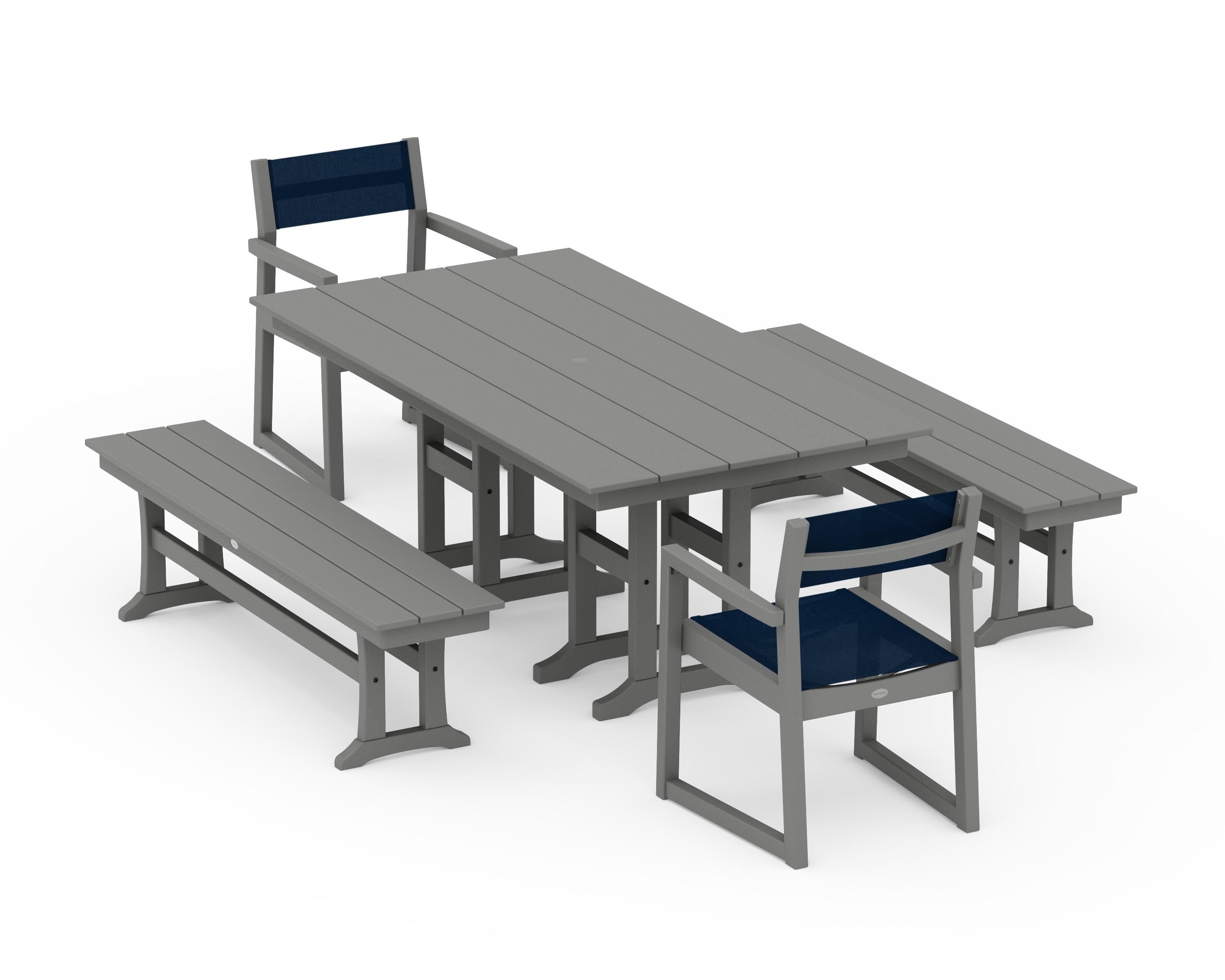 POLYWOOD® EDGE Sling Arm Chair 5-Piece Farmhouse Dining Set with Benches in Slate Grey / Navy Blue Sling
