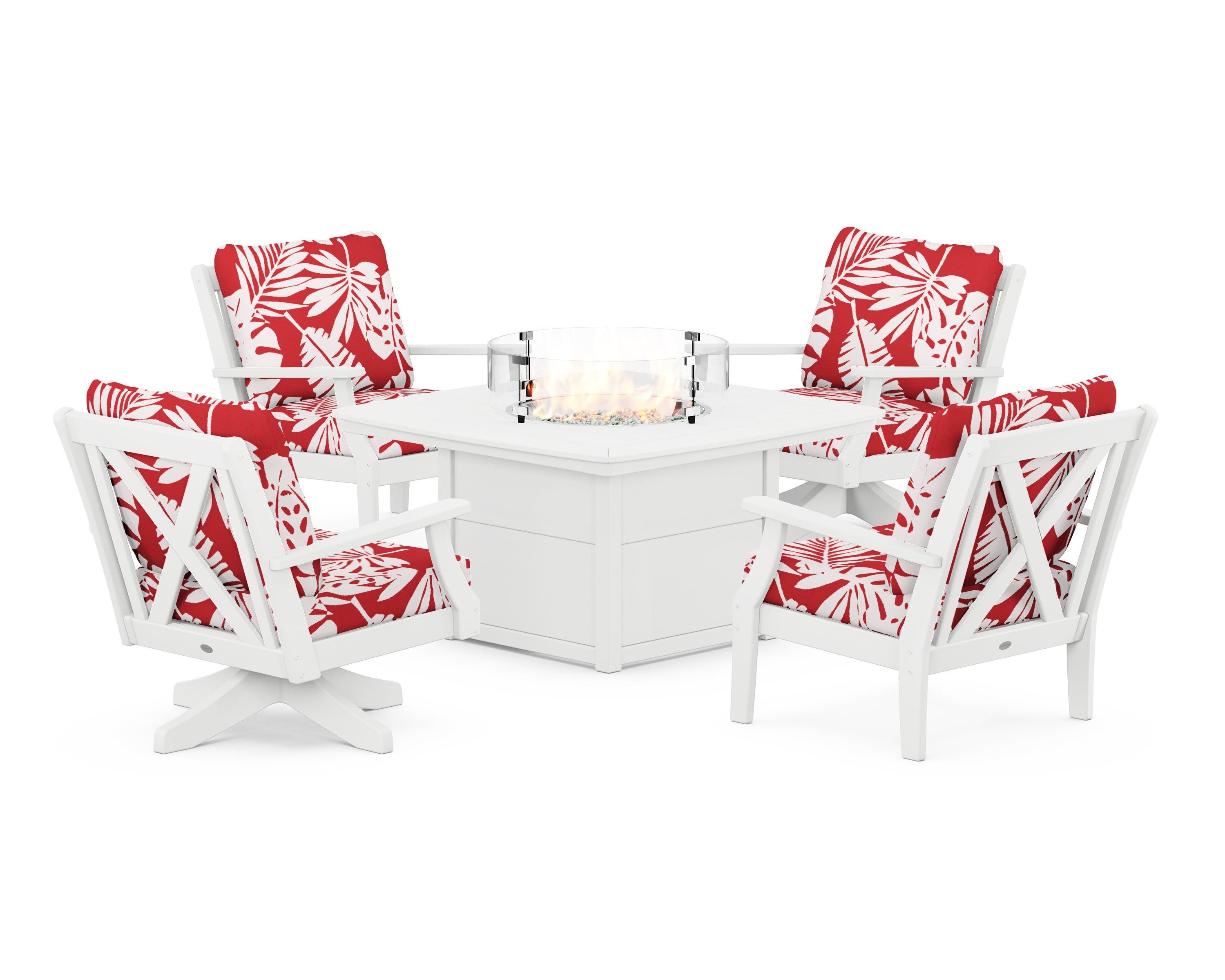 POLYWOOD® Braxton 5-Piece Deep Seating Set with Fire Table in White / Leaf Crimson
