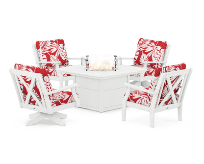 POLYWOOD® Braxton 5-Piece Deep Seating Set with Fire Table in White / Leaf Crimson