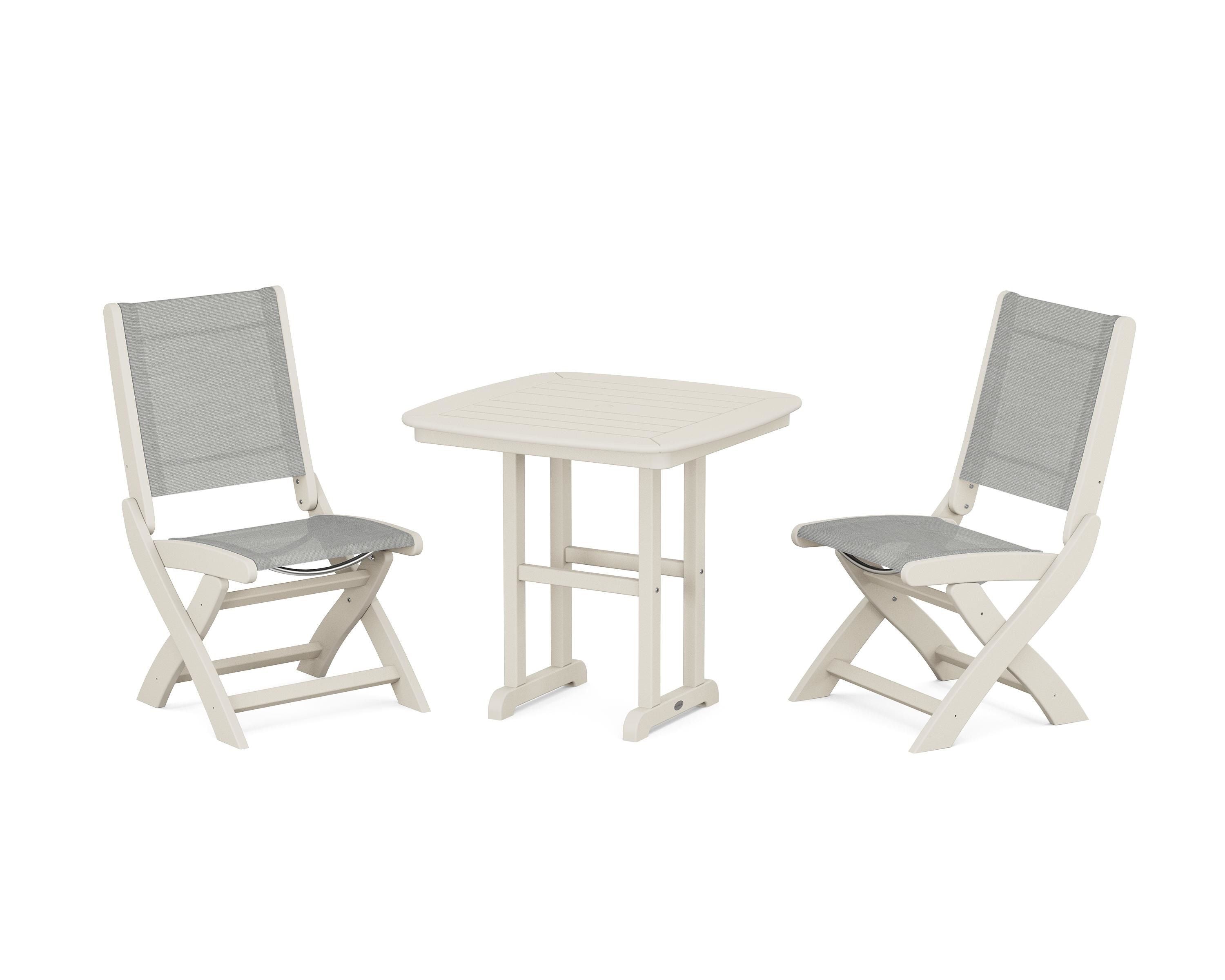 POLYWOOD® Coastal Folding Side Chair 3-Piece Dining Set in Sand / Metallic Sling