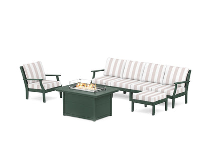 POLYWOOD® Braxton Sectional Lounge and Fire Pit Set in Green / Cabana Stripe Dune Burlap