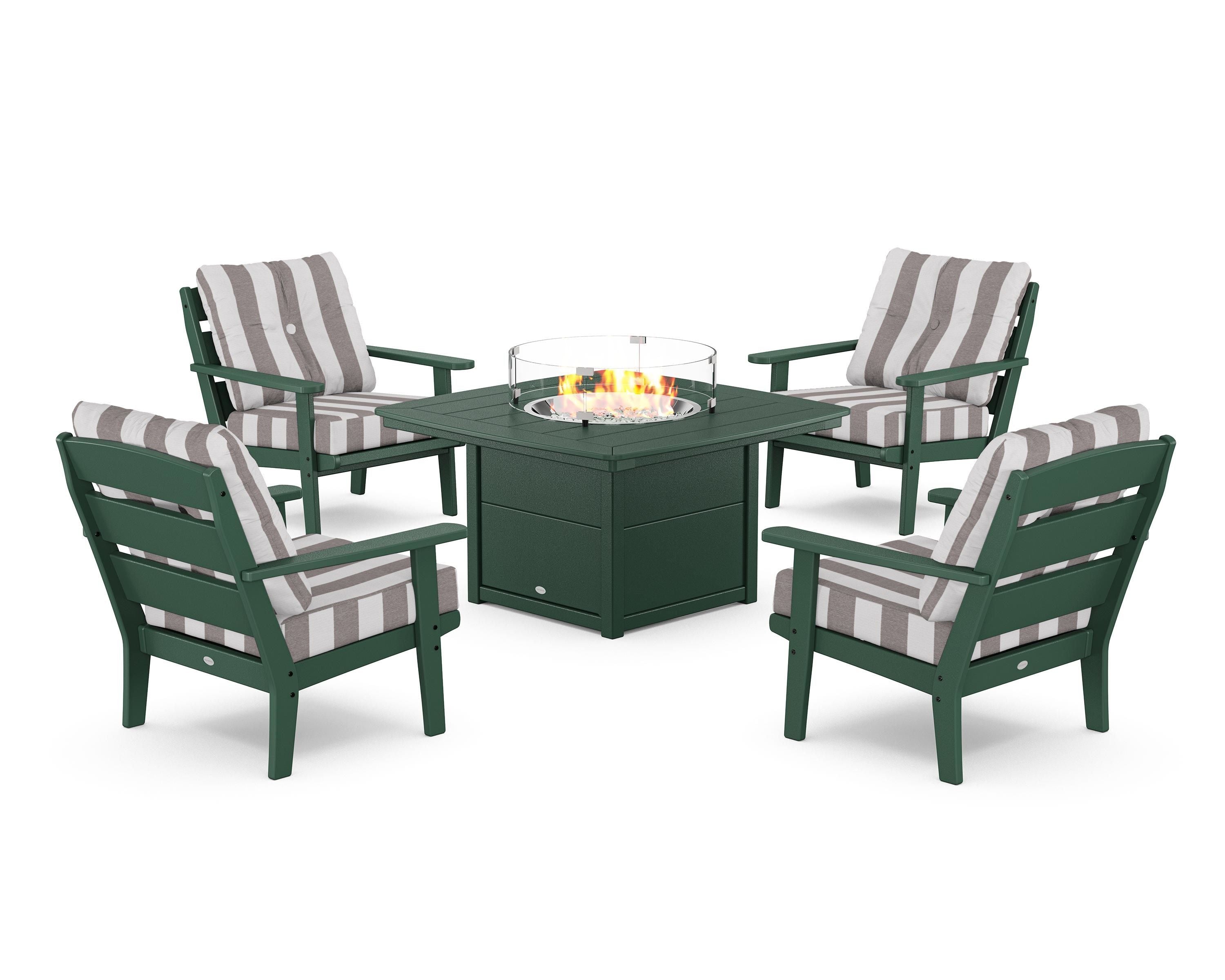 POLYWOOD® Lakeside 5-Piece Deep Seating Set with Nautical Fire Pit Table in Green / Cabana Stripe Grey Mist