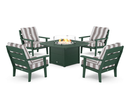 POLYWOOD® Lakeside 5-Piece Deep Seating Set with Nautical Fire Pit Table in Green / Cabana Stripe Grey Mist