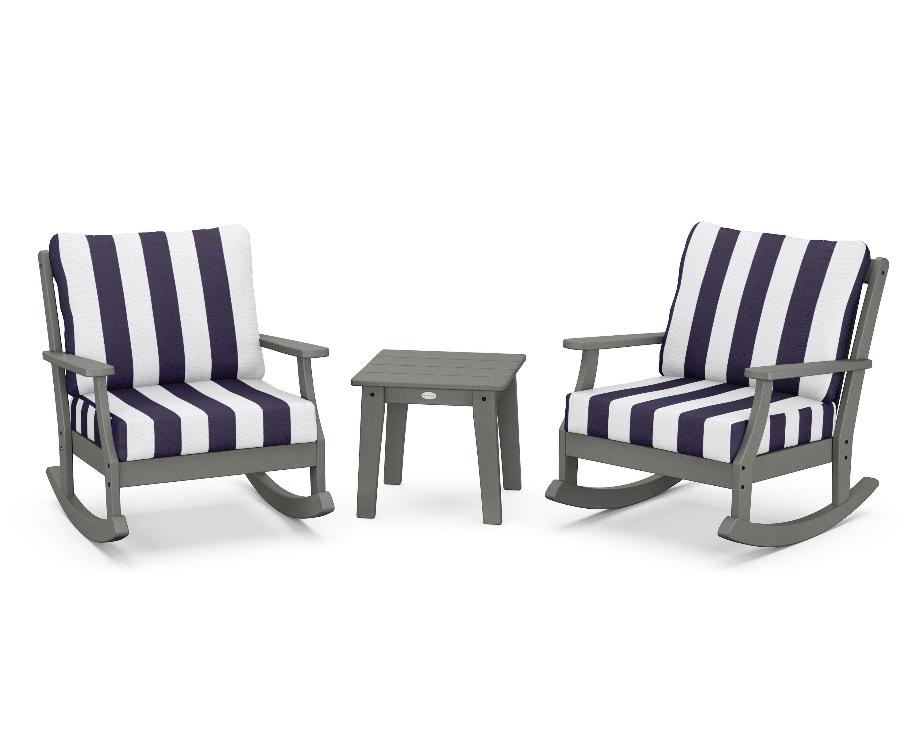 POLYWOOD® Braxton 3-Piece Deep Seating Rocker Set in Slate Grey / Cabana Stripe Navy