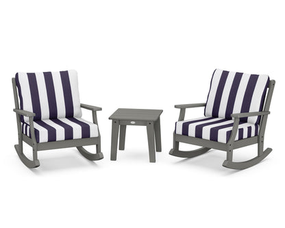 POLYWOOD® Braxton 3-Piece Deep Seating Rocker Set in Slate Grey / Cabana Stripe Navy