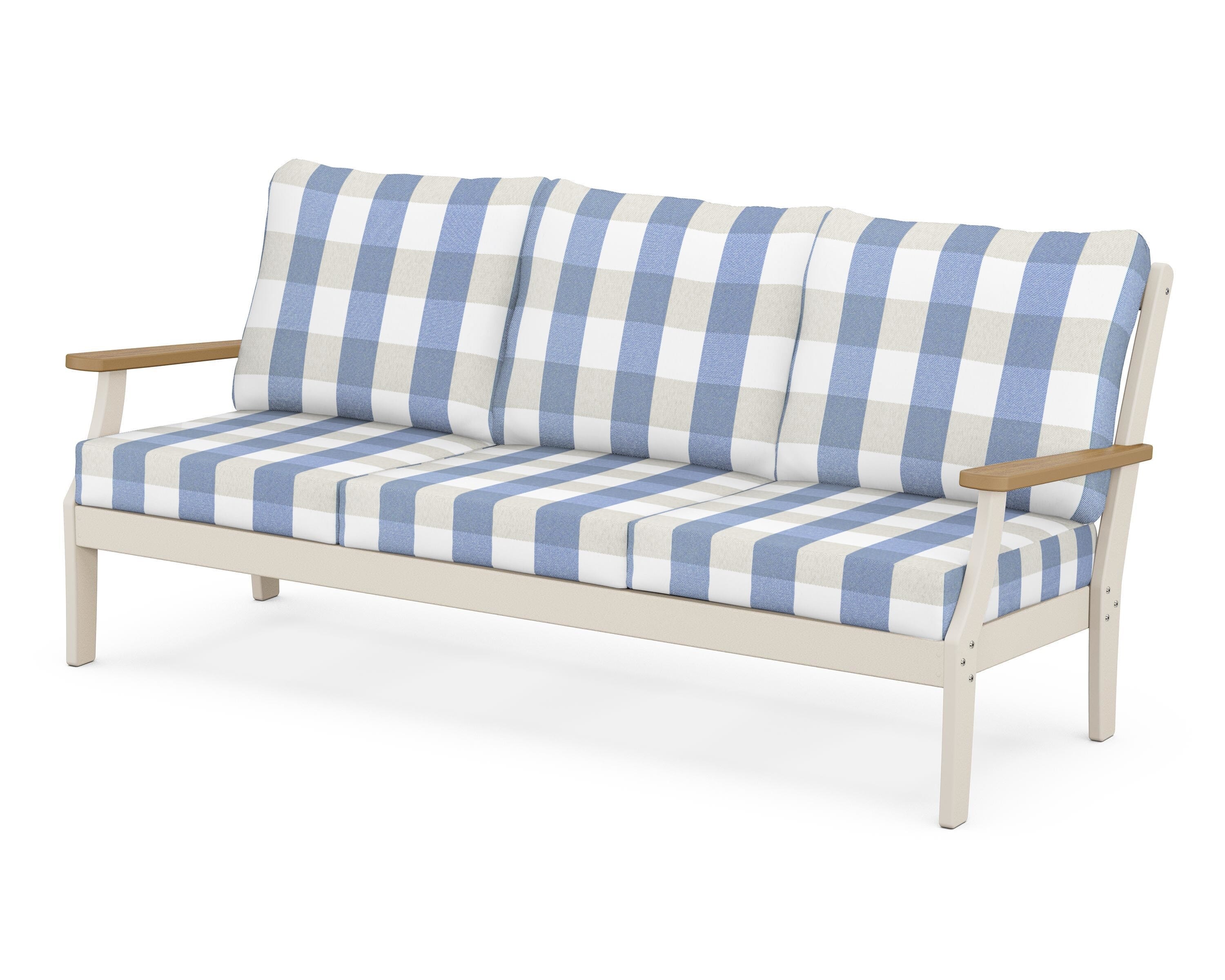 POLYWOOD® Braxton Deep Seating Sofa in Sand / Natural / Buffalo Plaid Sky Blue