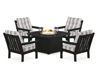 POLYWOOD® Vineyard 5-Piece Conversation Set with Fire Pit Table in Black / Buffalo Plaid Grey Mist
