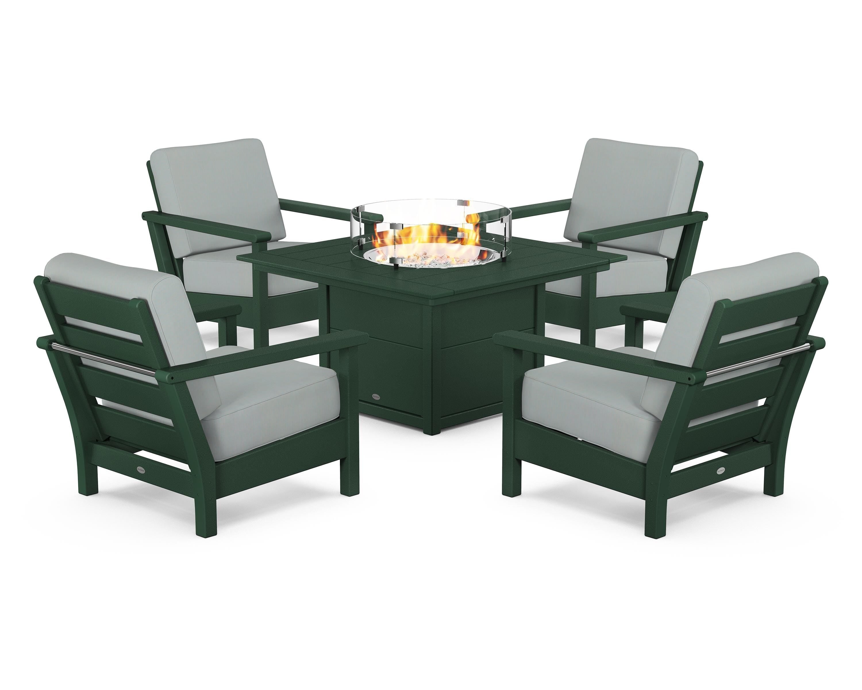 POLYWOOD® Harbour 5-Piece Conversation Set with Fire Pit Table in Green / Spa
