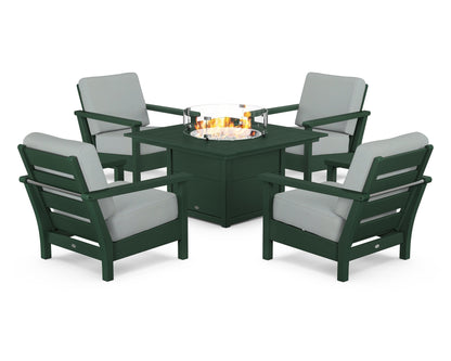 POLYWOOD® Harbour 5-Piece Conversation Set with Fire Pit Table in Green / Spa