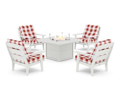 POLYWOOD® Lakeside 5-Piece Deep Seating Set with Nautical Fire Pit Table in White / Buffalo Plaid Crimson