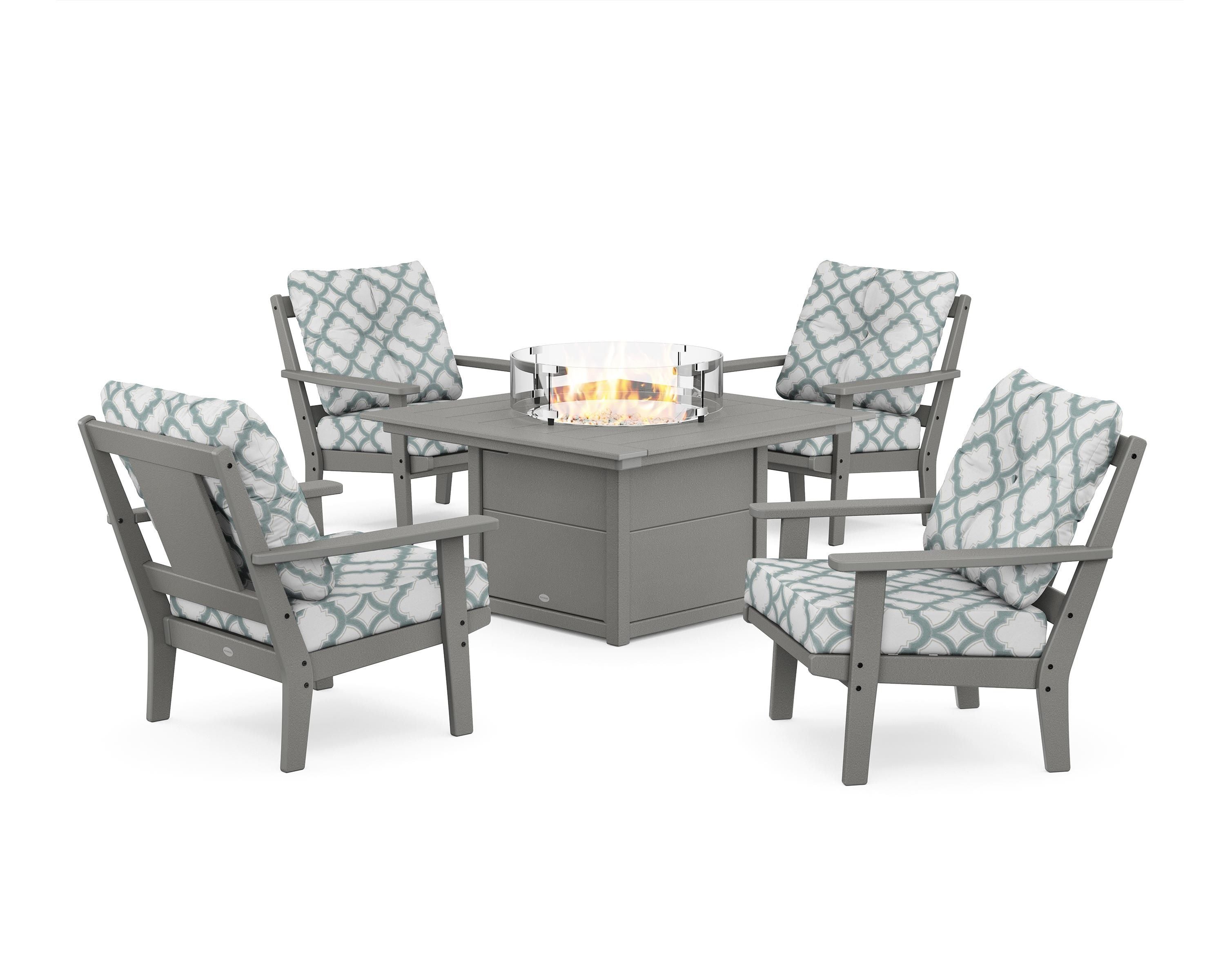 POLYWOOD® Prairie 5-Piece Deep Seating Set with Fire Pit Table in Slate Grey / Trellis Glacier Spa