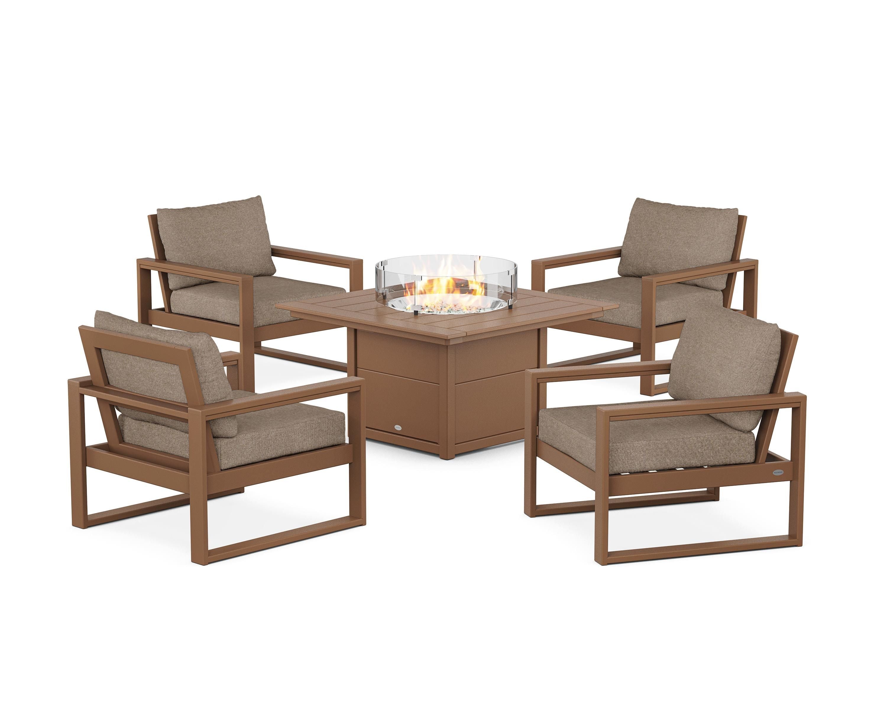 POLYWOOD® EDGE Sectional 5-Piece Deep Seating Set with Fire Pit Table in Teak / Spiced Burlap