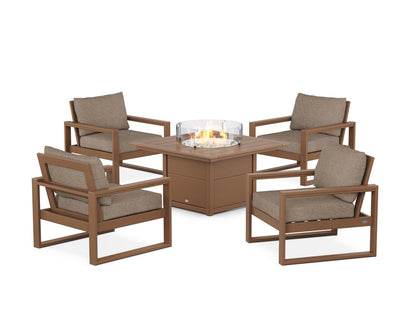 POLYWOOD® EDGE Sectional 5-Piece Deep Seating Set with Fire Pit Table in Teak / Spiced Burlap