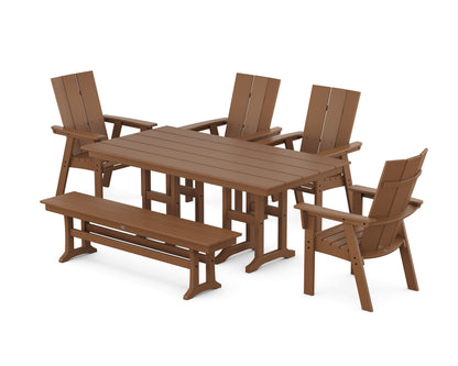 POLYWOOD® Modern Curveback Adirondack 6-Piece Farmhouse Dining Set with Bench in Teak