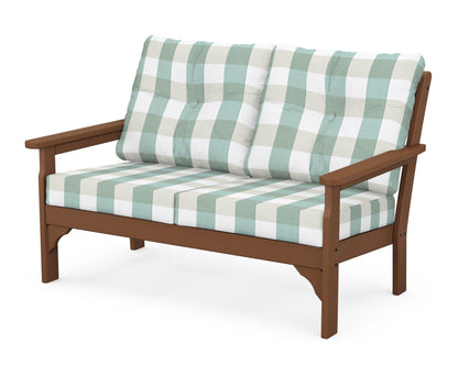 POLYWOOD® Vineyard Deep Seating Loveseat in Teak / Buffalo Plaid Glacier Spa
