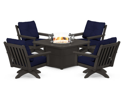 POLYWOOD® Vineyard 5-Piece Deep Seating Swivel Conversation Set with Fire Pit Table in Vintage Coffee / Navy